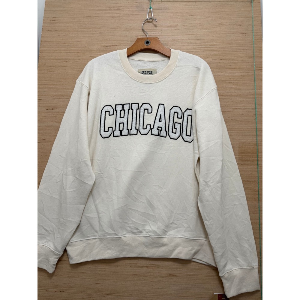 New York Popular Chicago Sweatshirt Cream White Chenille Patch Crewneck L NEW